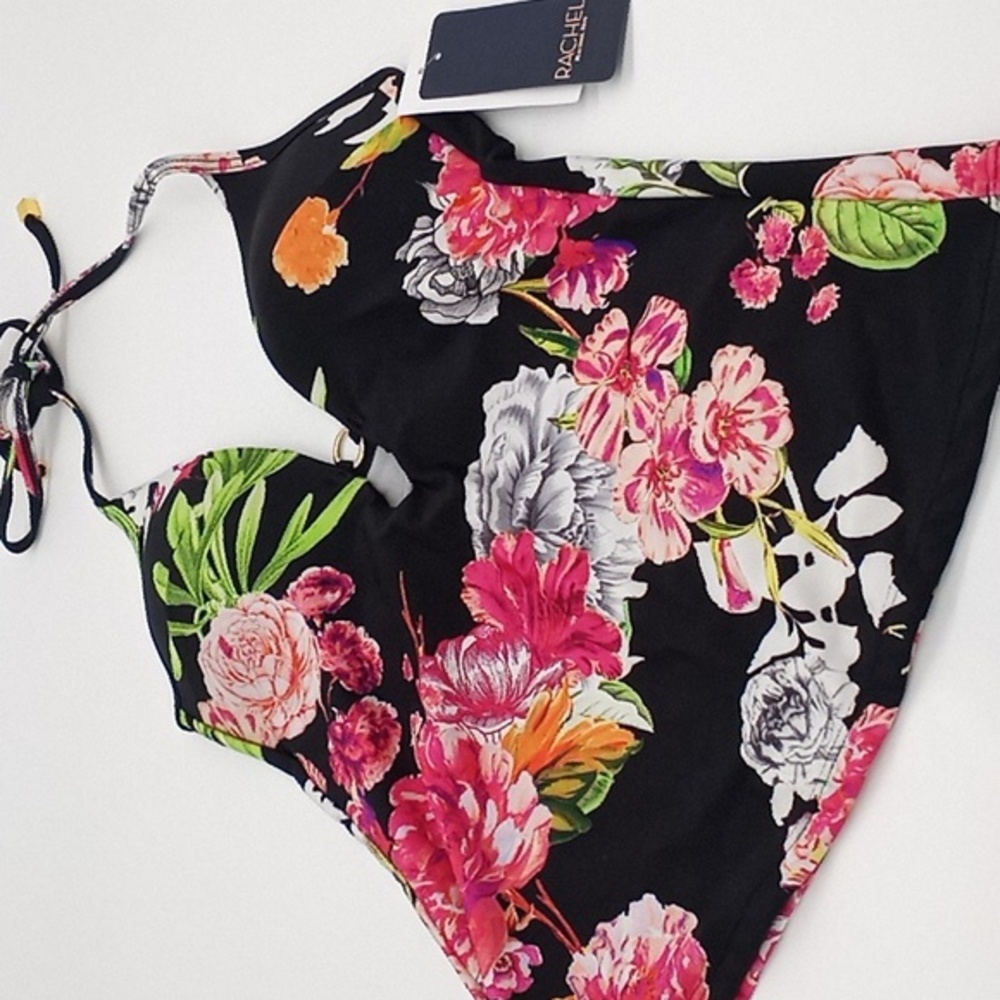 RACHEL Rachel Roy Floral Plunging Ring Halter Bikini Swim Top Black XS